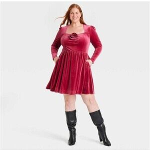 Ava & Viv Dress 1X Rose Velvet Sweetheart Neck Rosette Midi A-Line lux Regency